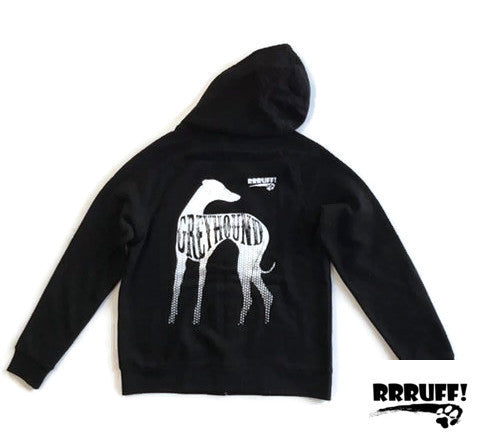 Black Ladies hoodie with zip and greyhound print on the back