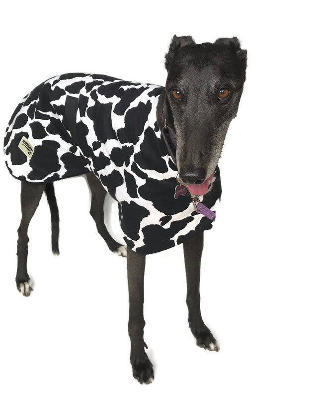 Autumn Greyhound ‘black cowprint’ coat in cotton drill & polar fleece washable