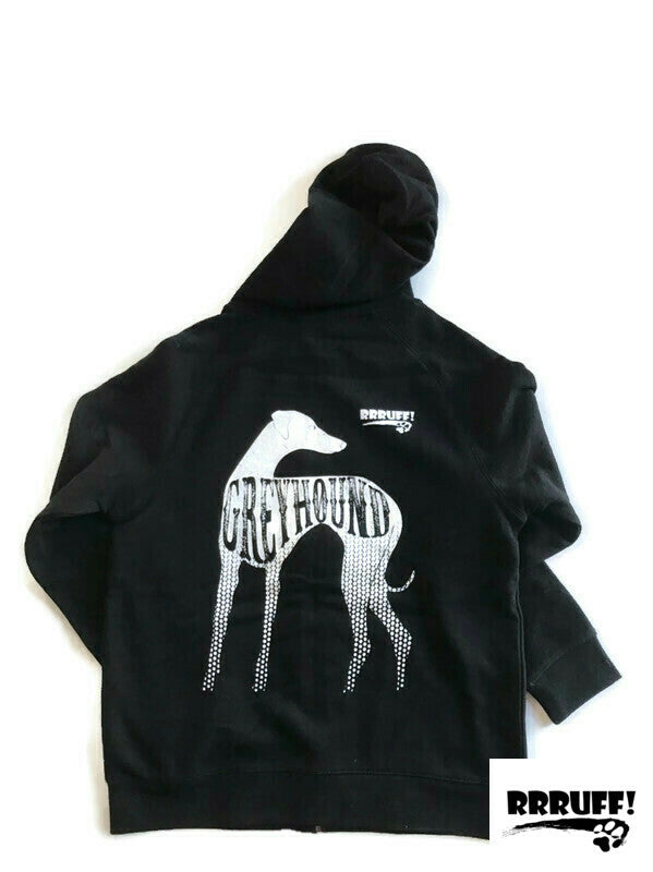 Black Ladies hoodie with zip and greyhound print on the back