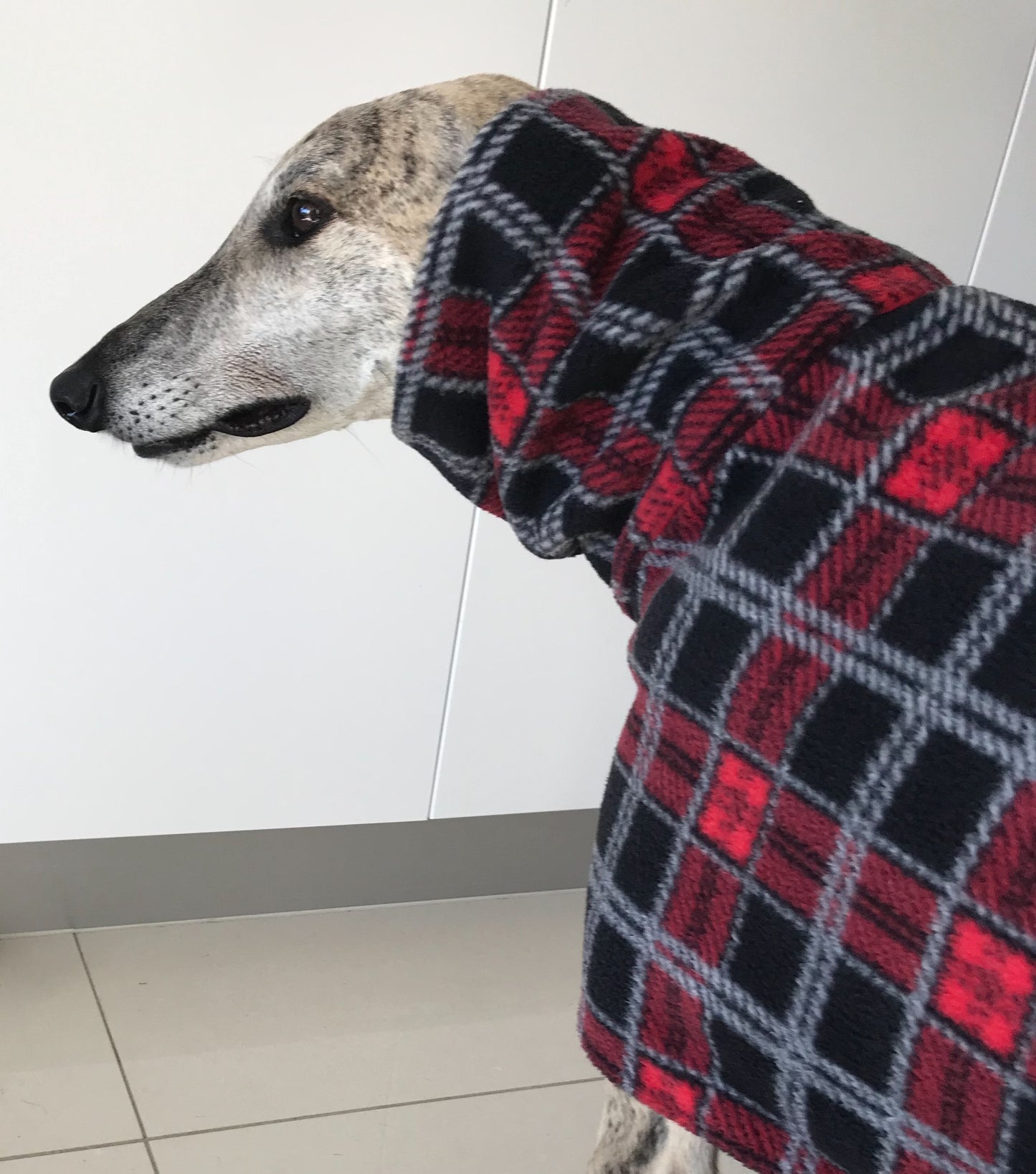 Greyhound coat in deluxe style rug red black tartan check polar fleece washable extra wide neck