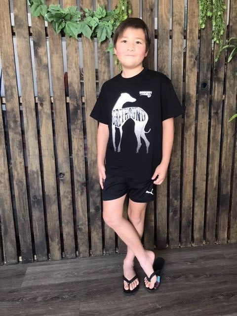 Kid’s black cotton tee shirt with greyhound print