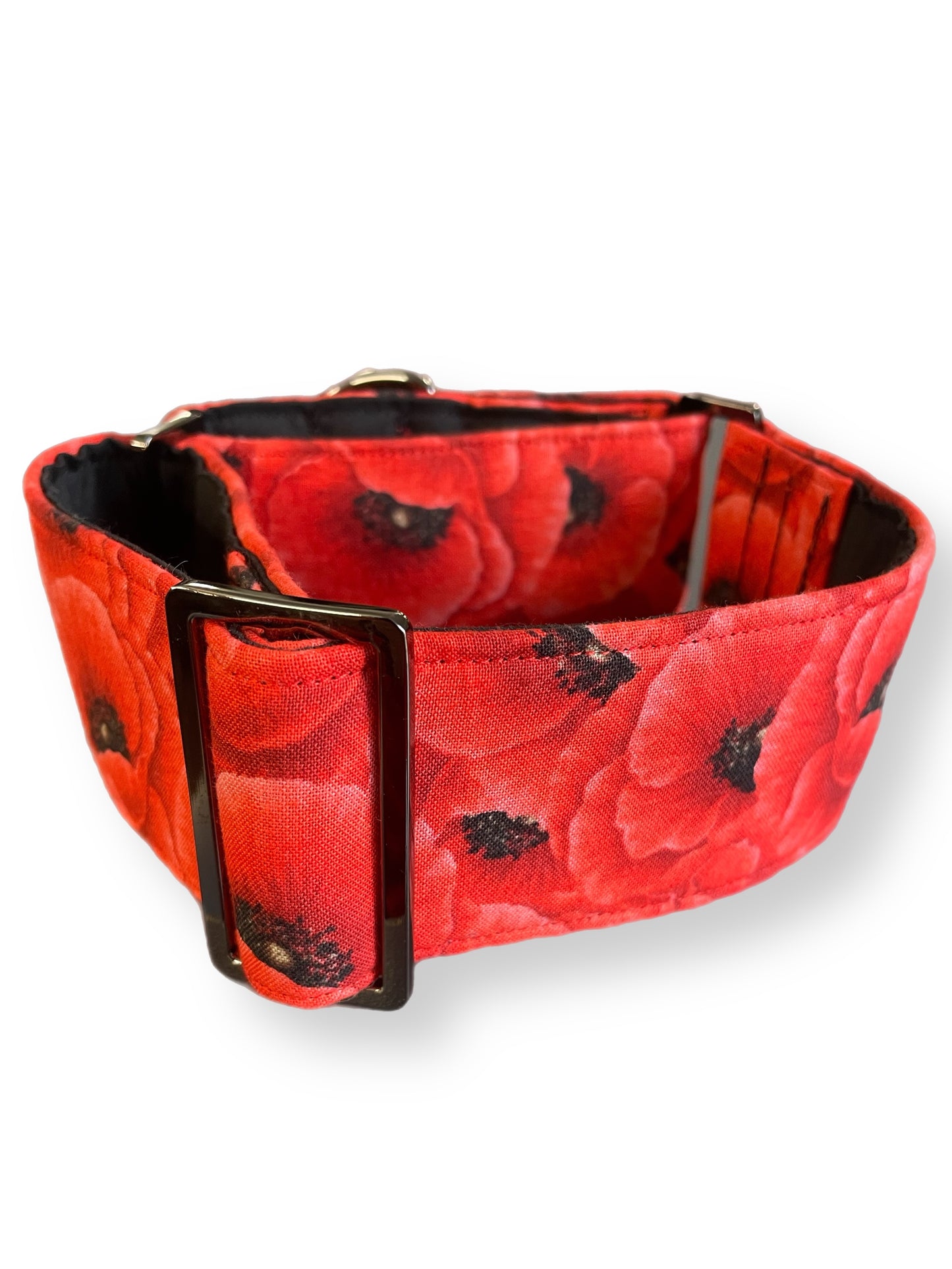 Beautiful red poppies on red greyhound Martingale collar cotton covered 50mm width