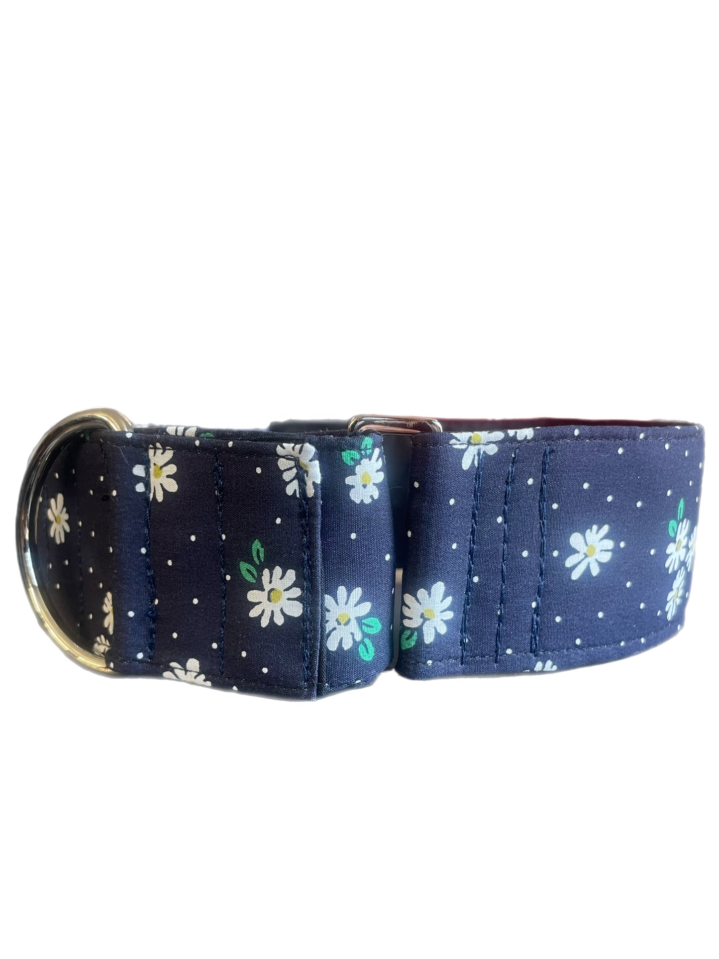 Small white flowers on navy design collar greyhound 5cms cotton fabric covered webbing