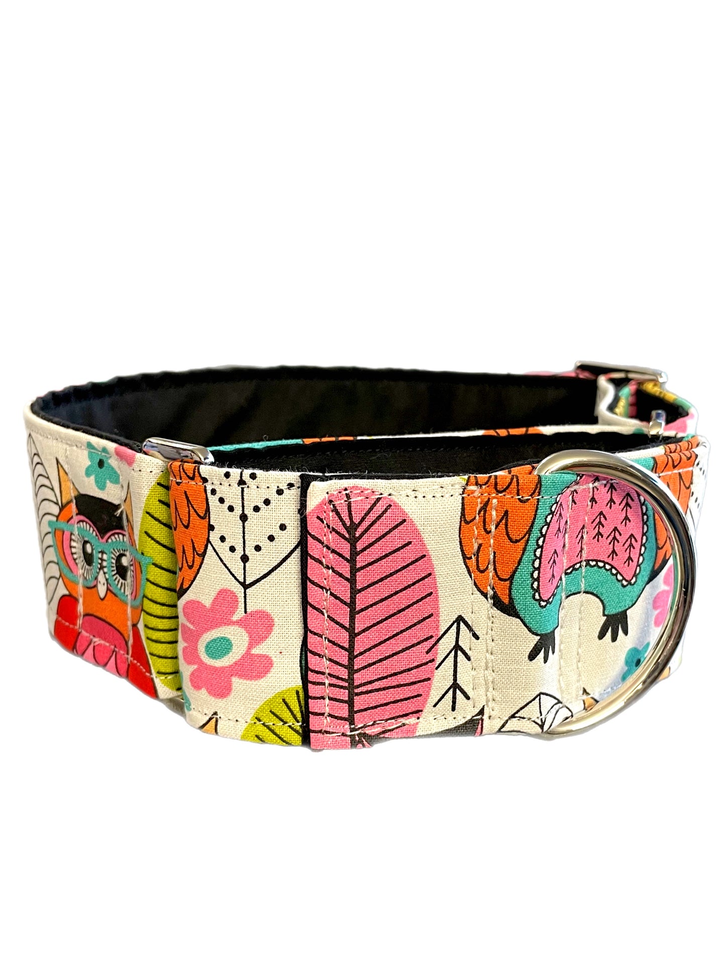 Happy Owls design greyhound Martingale collar cotton covered 50mm width