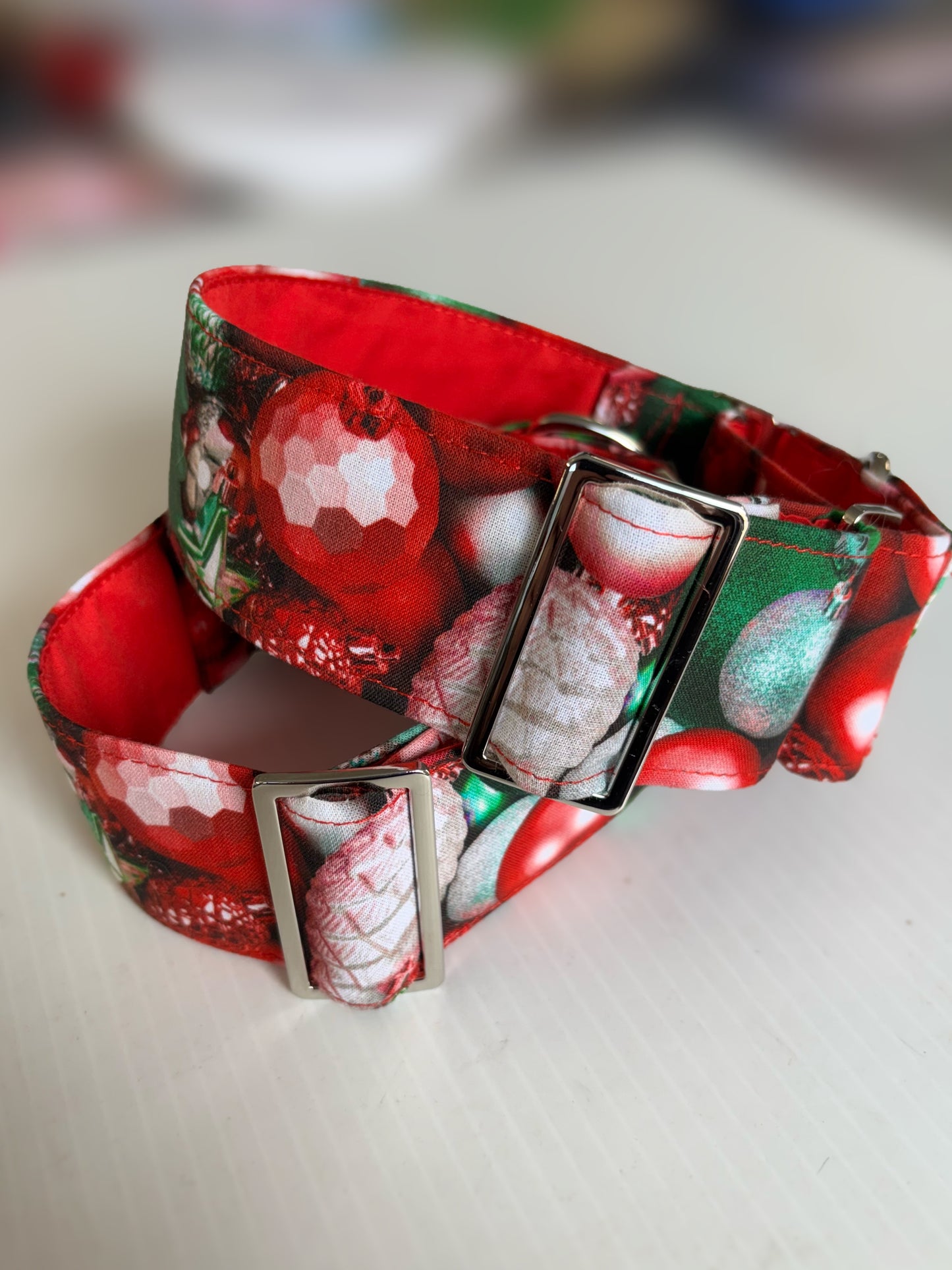 Christmas baubles in red and green cotton covered greyhound Martingale collar comfortable super soft