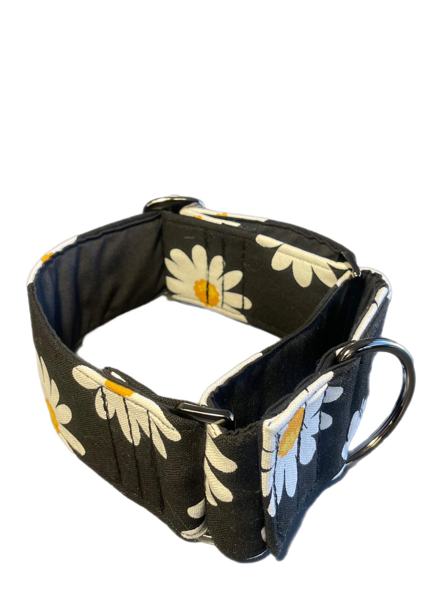 Wide Martingale collar daisies on black sturdy 50mm width