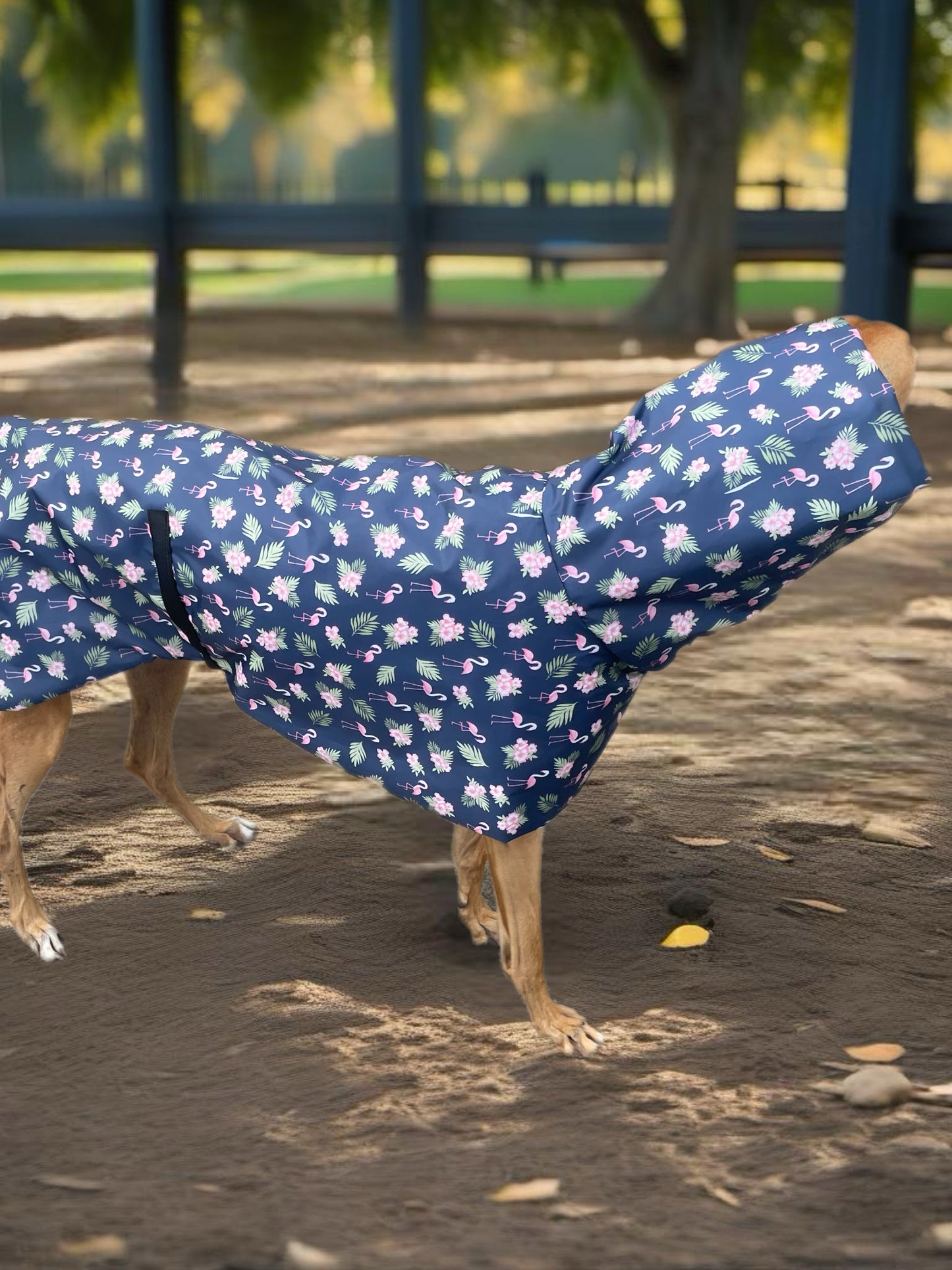 Navy base with pink flamingos Greyhound coat deluxe style, summer rainwear, washable