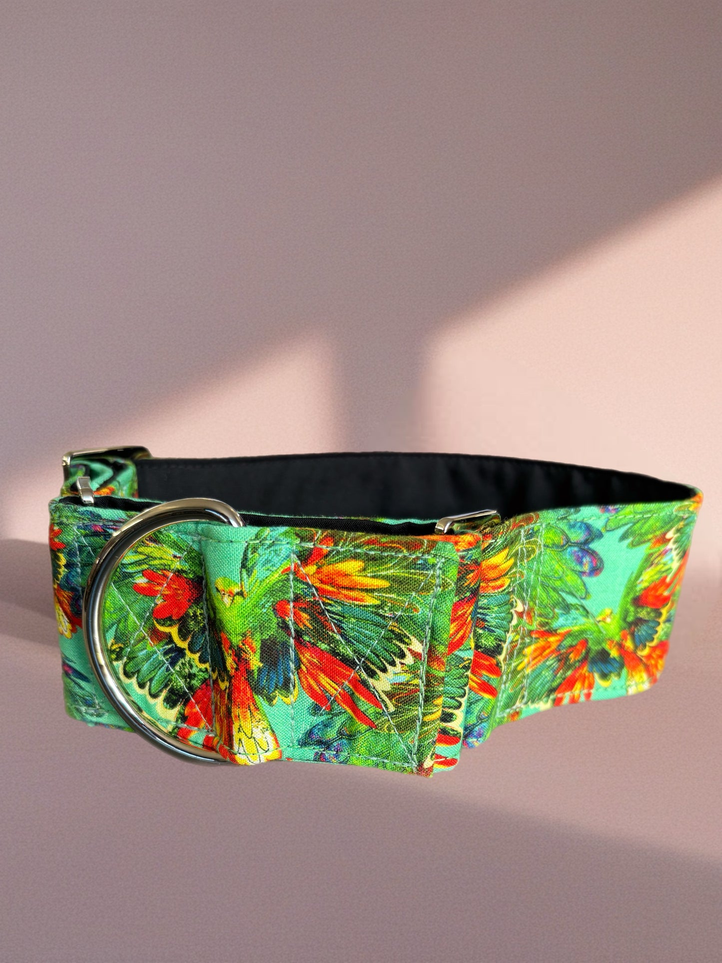 Stunning green macaw cotton covered greyhound Martingale collar 38mm or 50 mm wide super soft. Limited stock until after Christmas