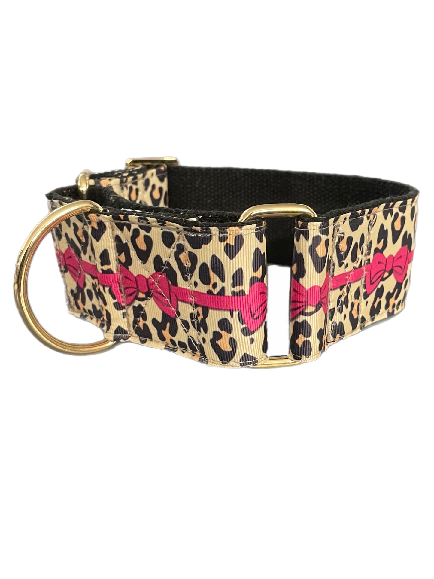 Leopard and pink bow grosgrain ribbon sewn on black cotton webbing Martingale collar greyhound 5cms width on sale