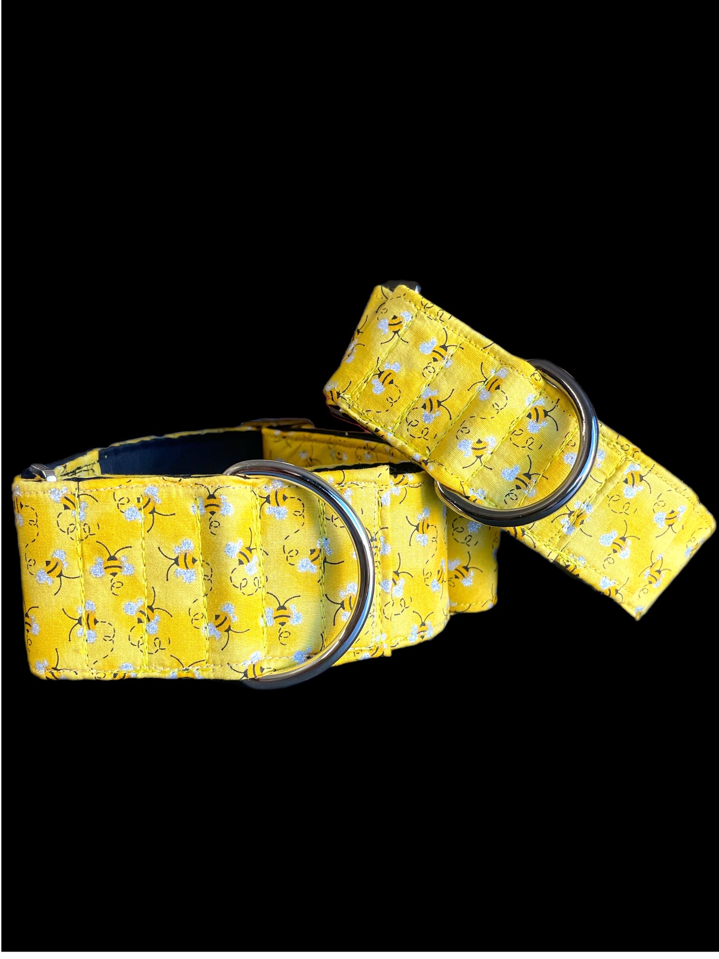 Bee happy yellow sparkles greyhound whippet Martingale collar cotton covered 50mm width super soft