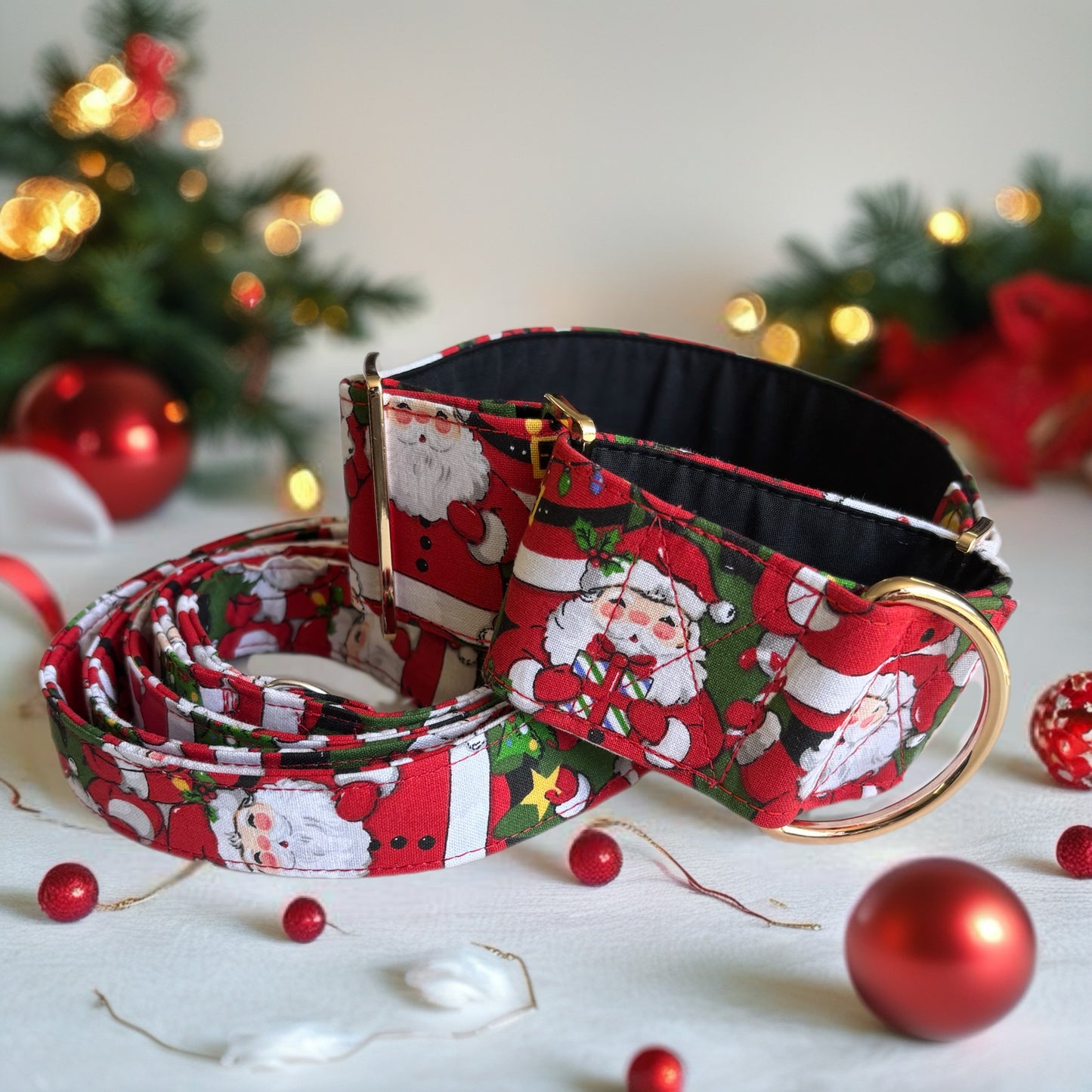 Christmas with Santa Greyhound Martingale collar cotton covered 50mm width. On sale