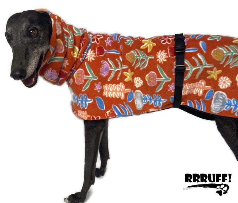 Oops Trend setting greyhound coat in floral harvest double polar fleece washable