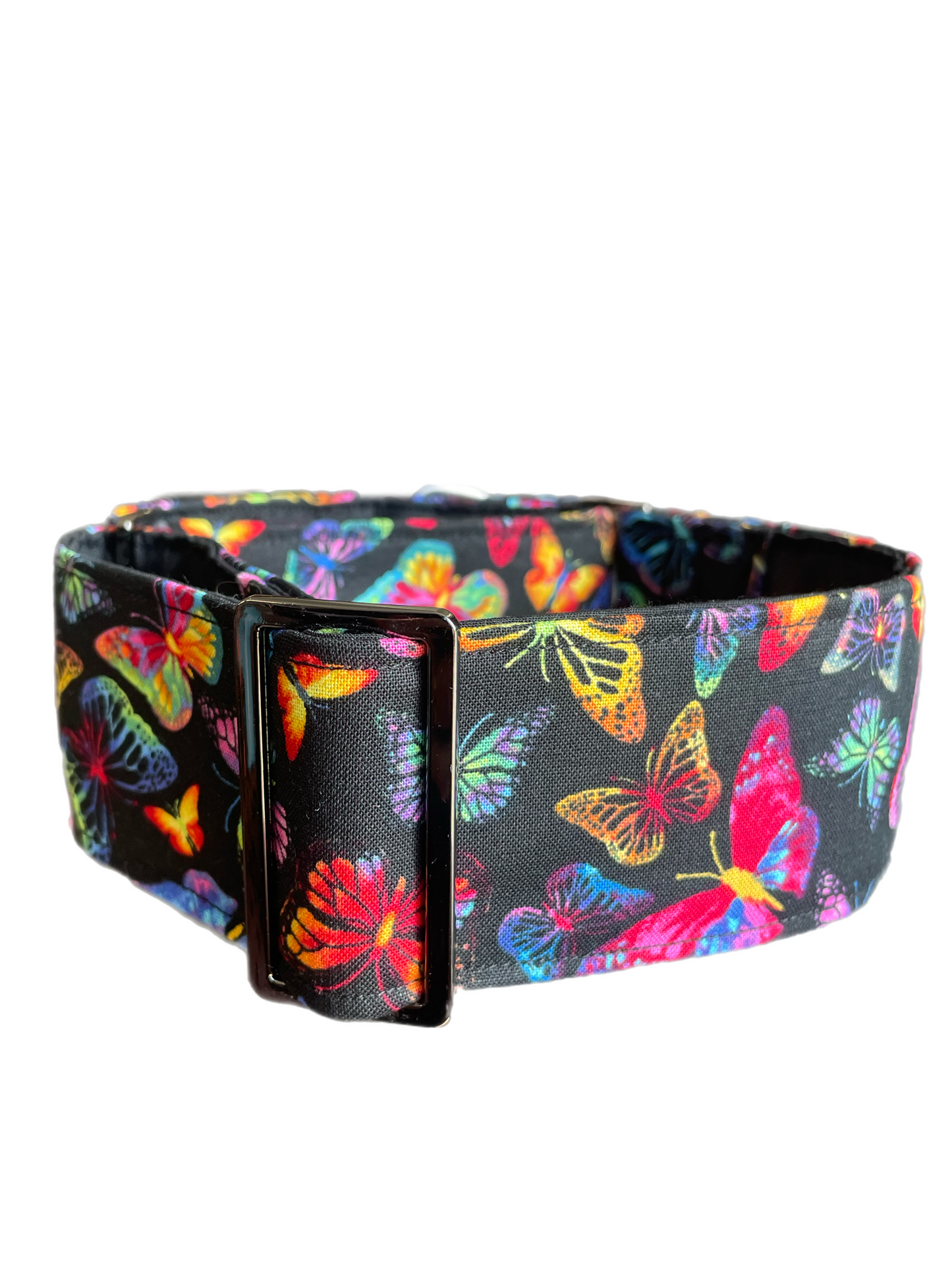 Colourful Butterflies on black Cotton covered greyhound Martingale collar 50mm width super soft