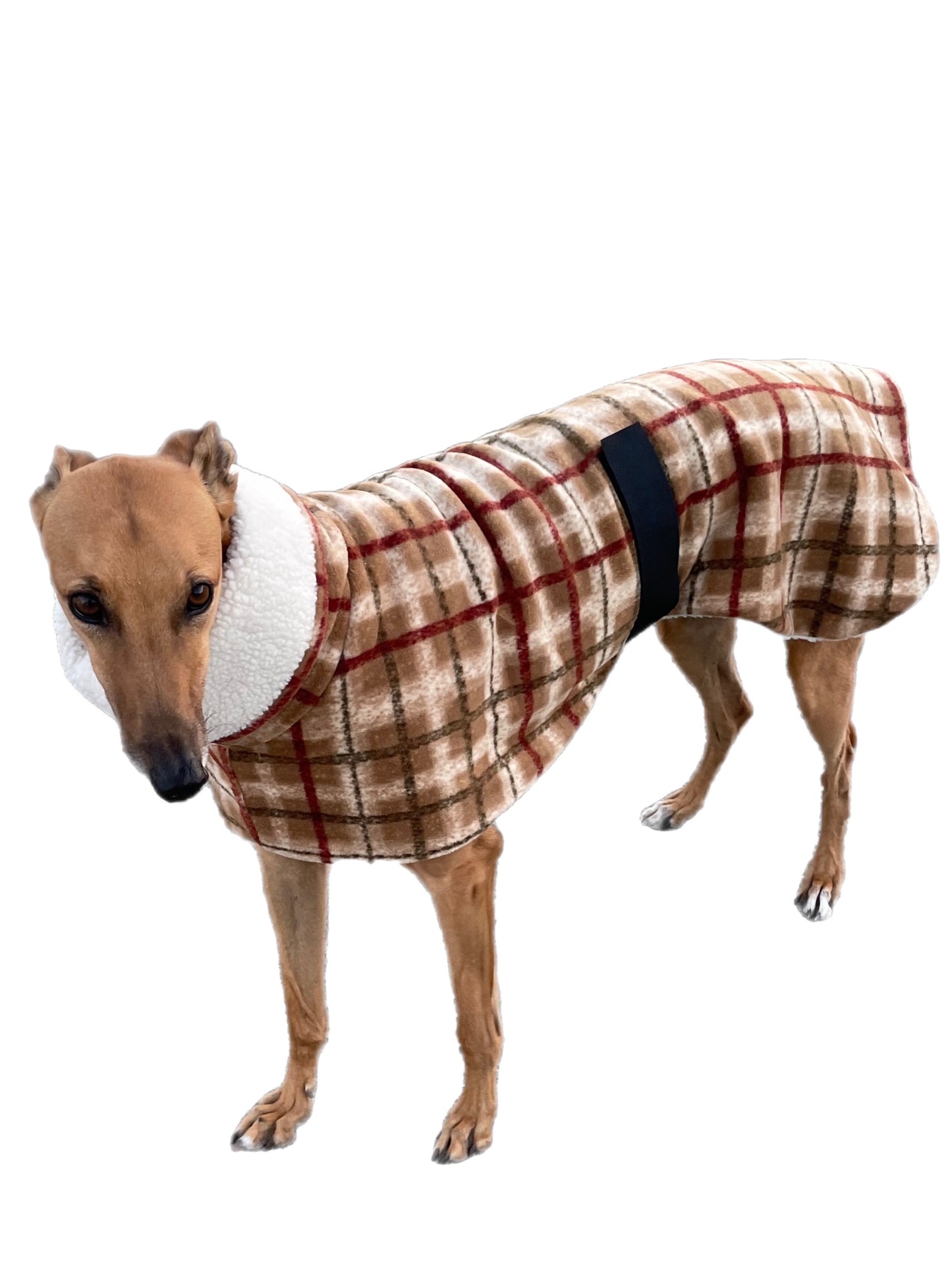 Tan Lumberjack Greyhound coat in deluxe style rug flanno check polar fleece washable extra wide neck
