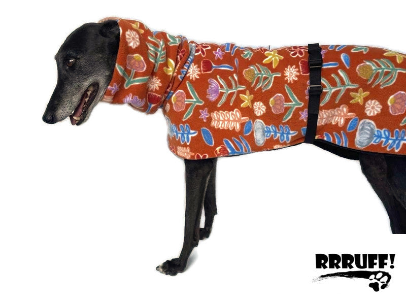 Oops Trend setting greyhound coat in floral harvest double polar fleece washable