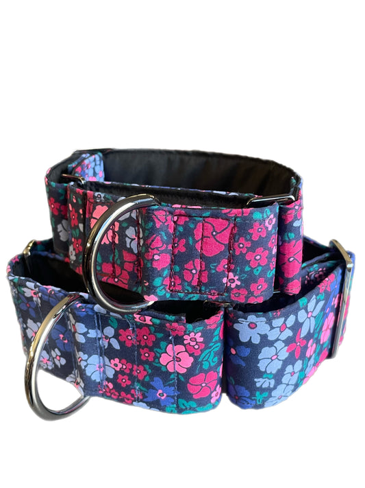 Cotton covered floral print on navy greyhound Martingale collar 50mm width, whippet 38mm