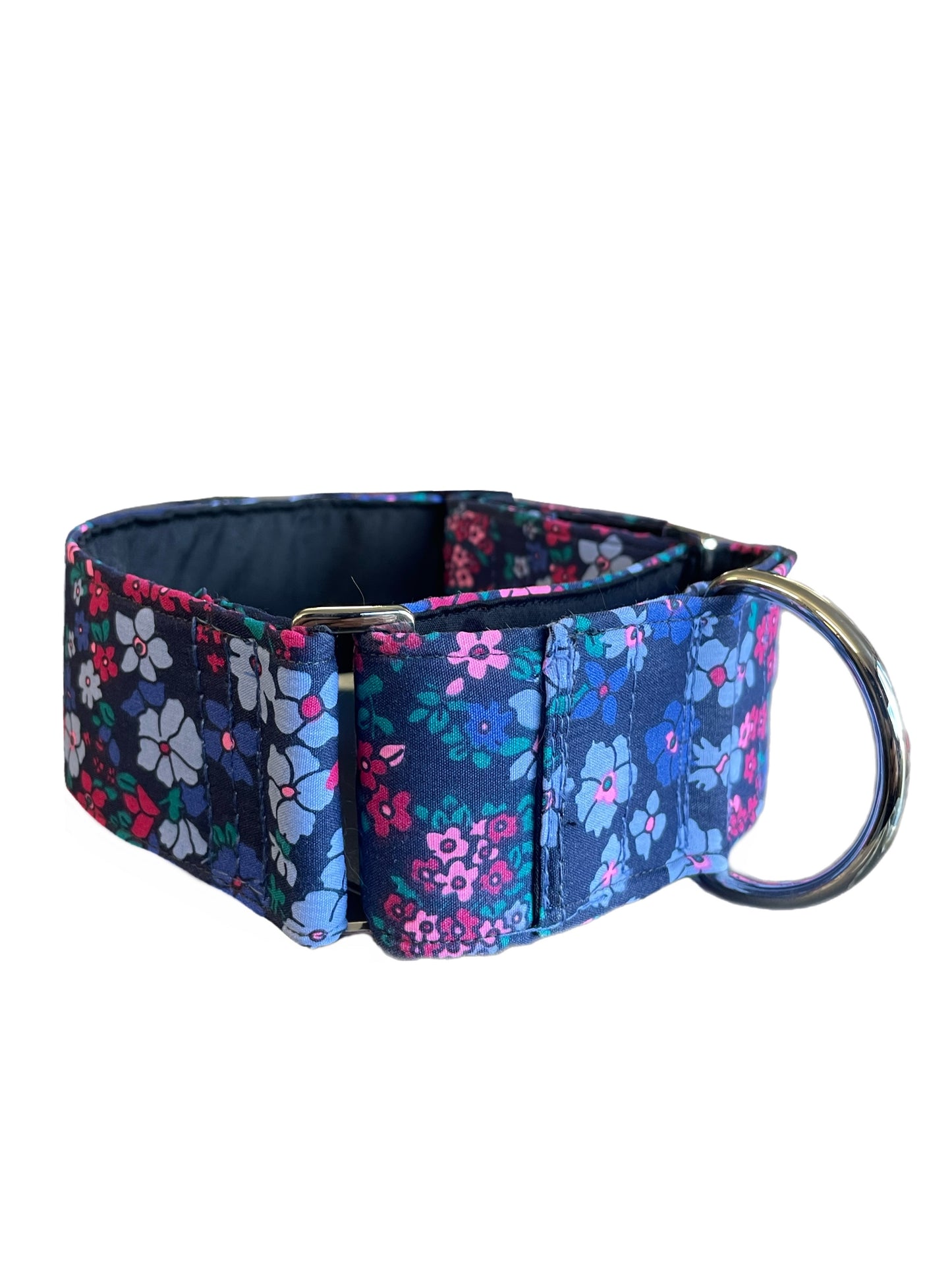 Cotton covered floral print on navy greyhound Martingale collar 50mm width, whippet 38mm