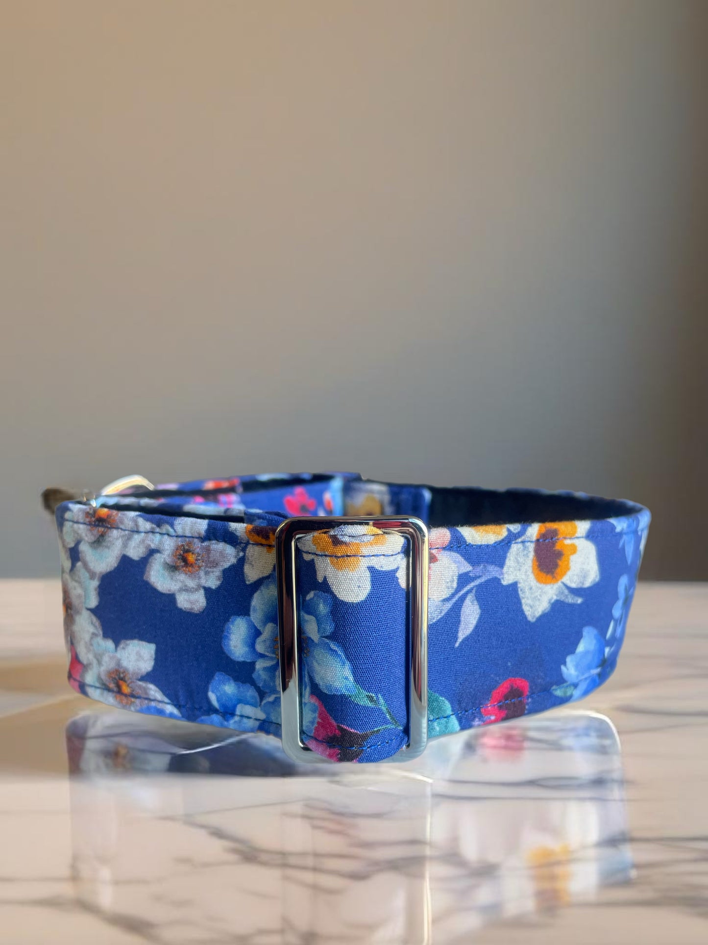 Delicate blue floral cotton covered greyhound Martingale collar 50mm width