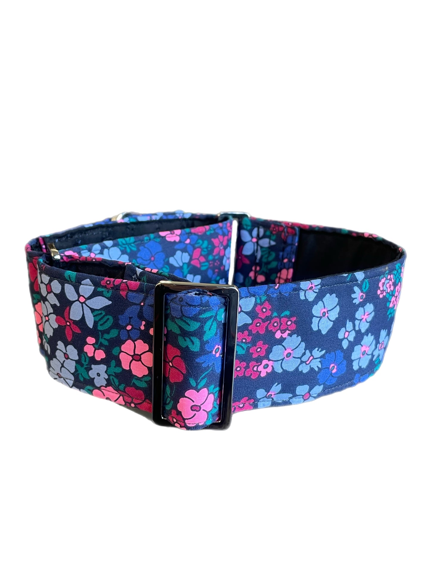 Cotton covered floral print on navy greyhound Martingale collar 50mm width, whippet 38mm