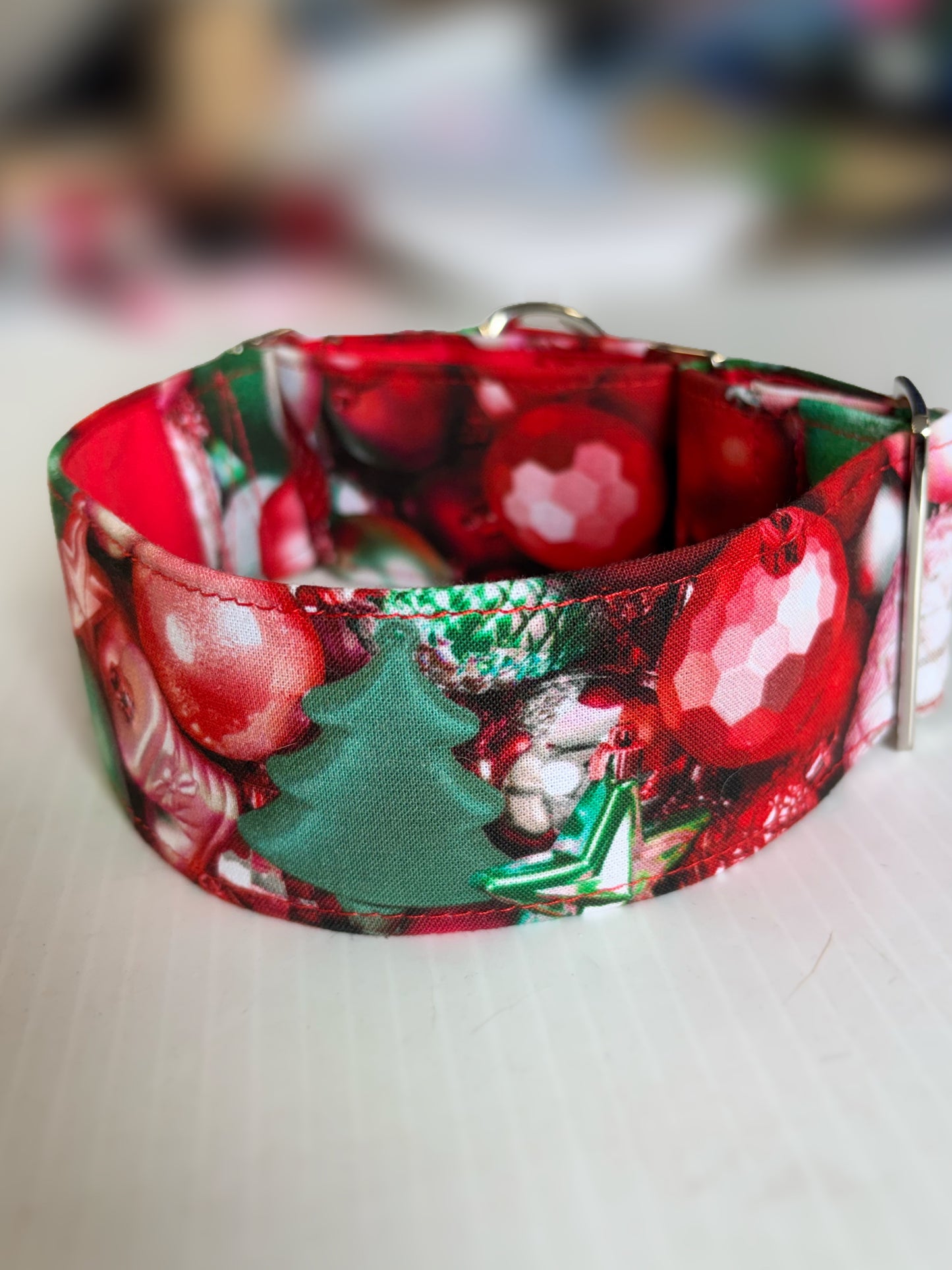 Christmas baubles in red and green cotton covered greyhound Martingale collar comfortable super soft