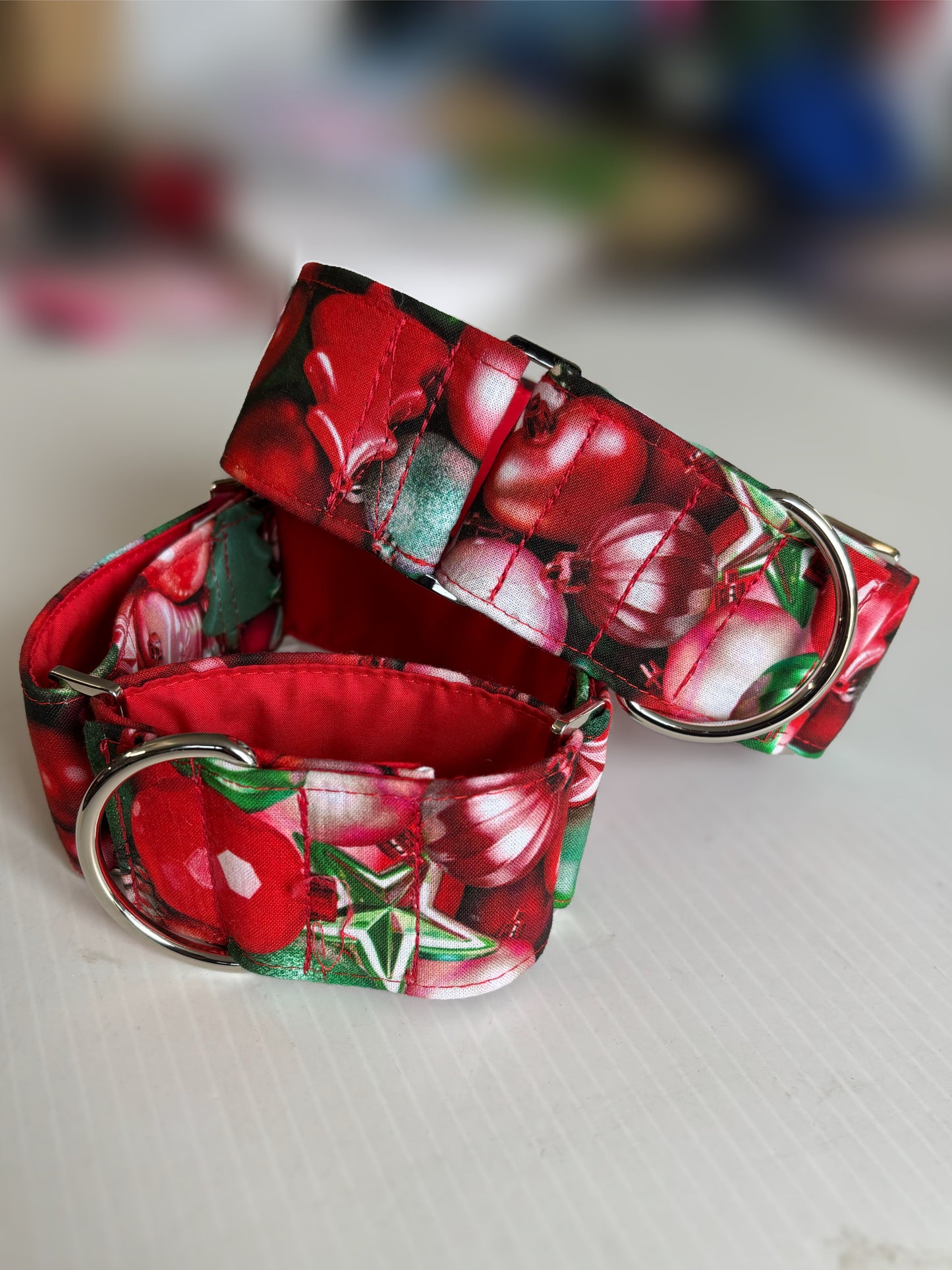 Christmas baubles in red and green cotton covered greyhound Martingale collar comfortable super soft