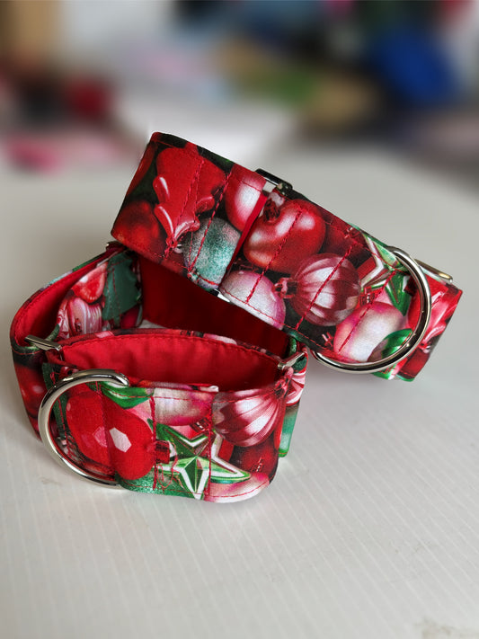 Christmas baubles in red and green cotton covered greyhound Martingale collar comfortable super soft