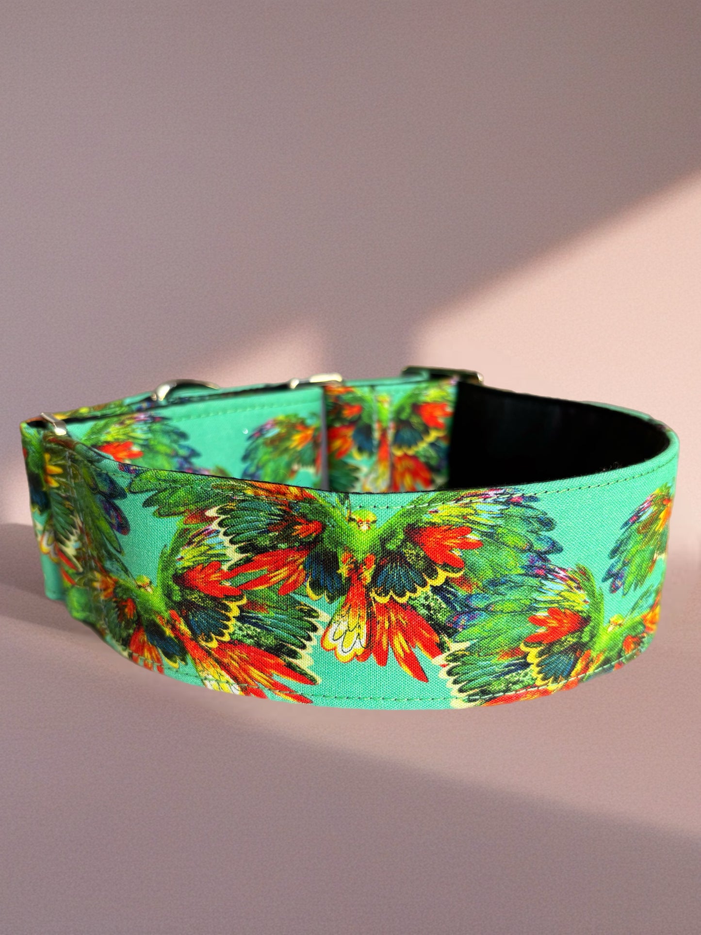 Stunning green macaw cotton covered greyhound Martingale collar 38mm or 50 mm wide super soft. Limited stock until after Christmas