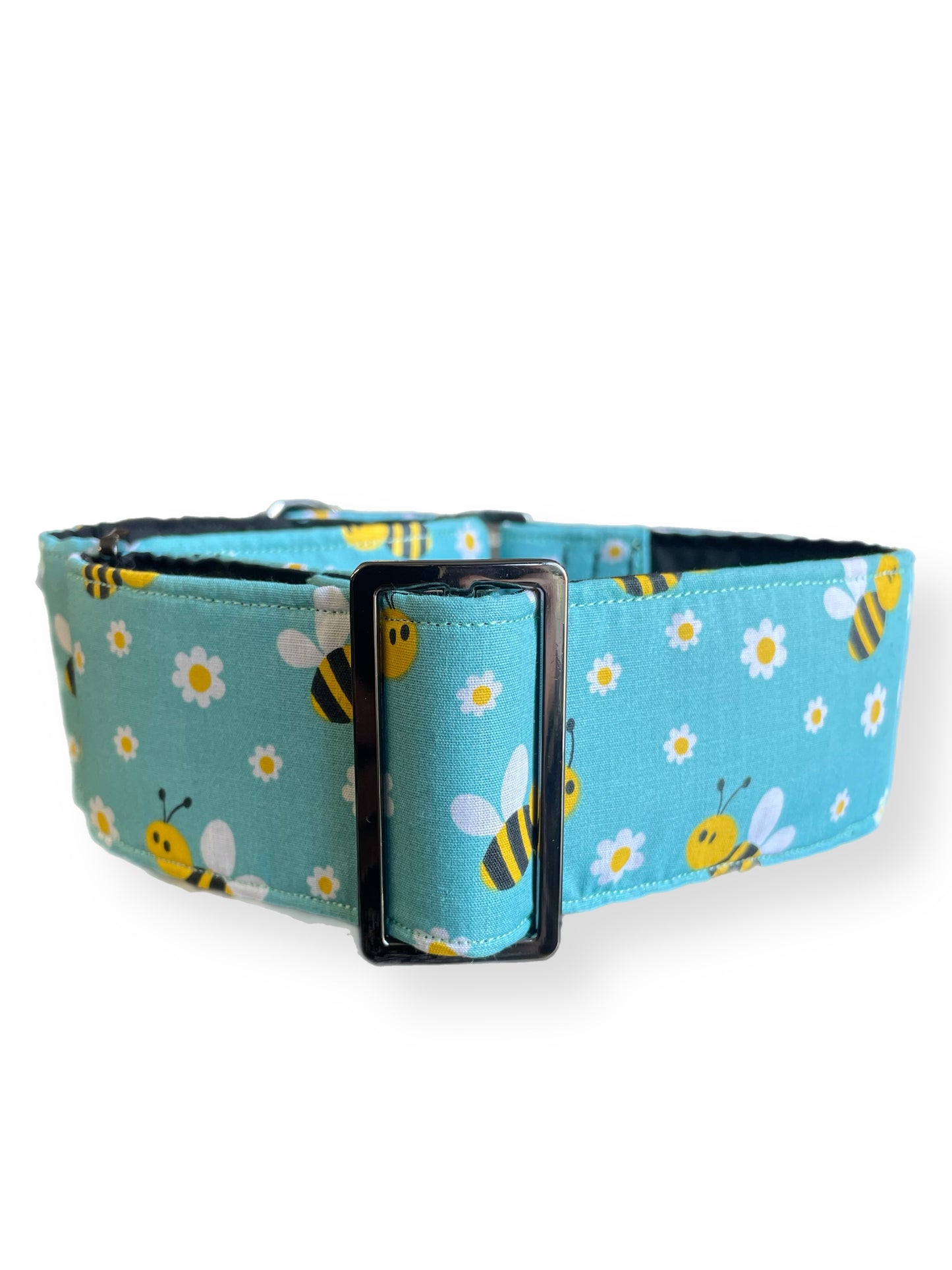 Bee happy in aqua Cotton covered greyhound Martingale collar 50mm width super soft