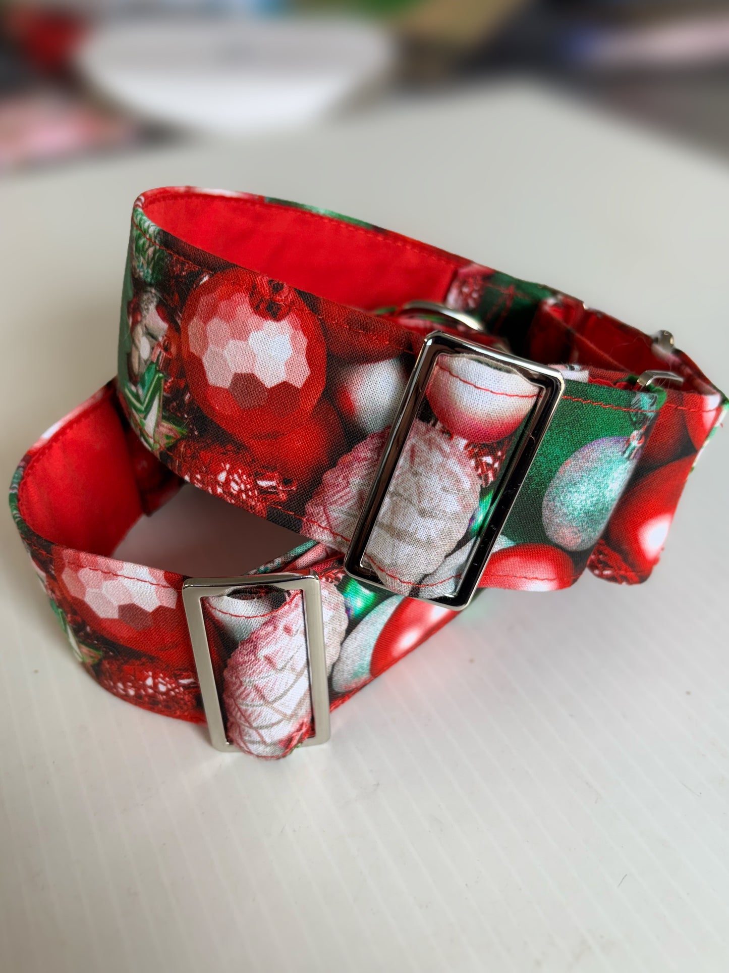 Christmas baubles in red and green cotton covered greyhound Martingale collar comfortable super soft