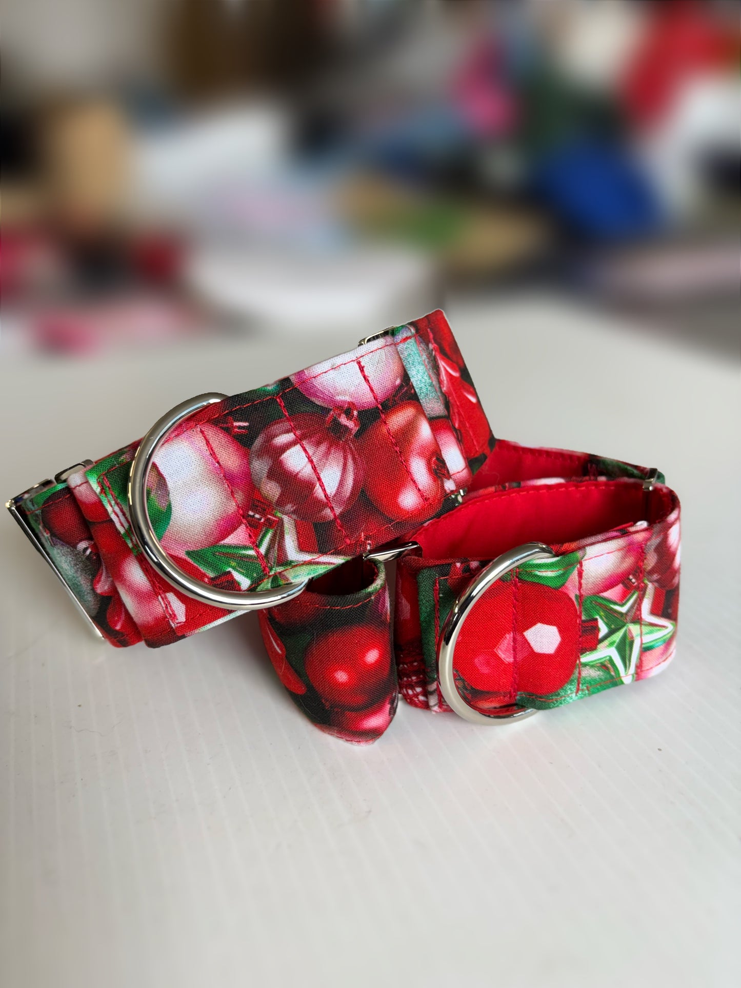 Christmas baubles in red and green cotton covered greyhound Martingale collar comfortable super soft