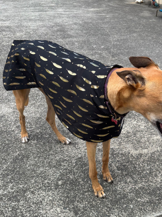 Black with shiny gold feathers Summer sun coat featherweight greyhound slip-on coat