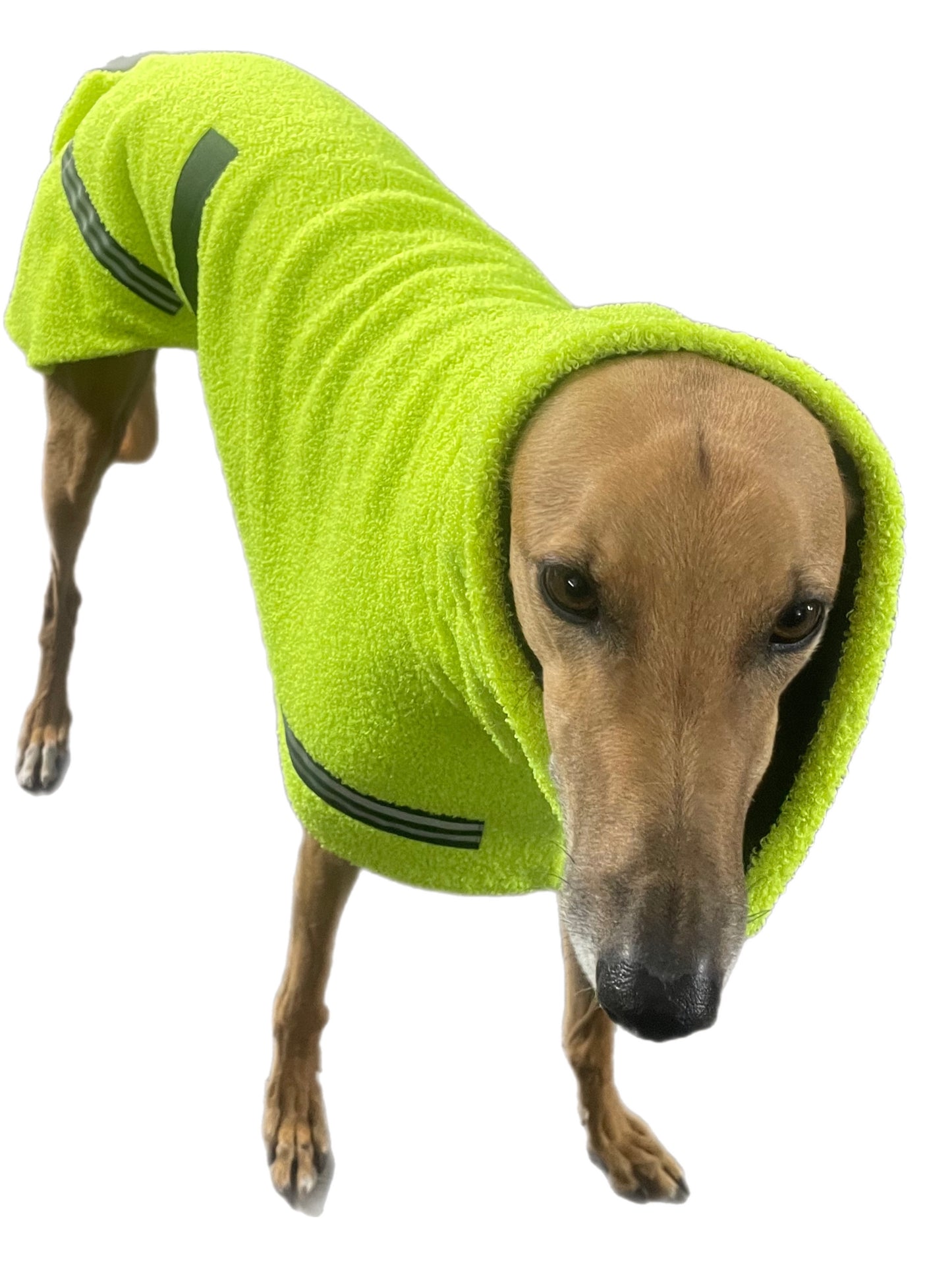 Flouro with reflective strips hi vis Teddy fleece deluxe style greyhound coat with snuggly wide neck roll