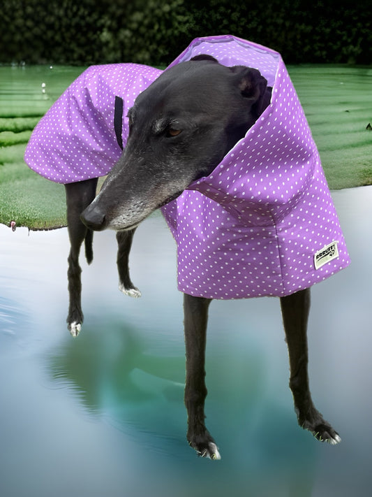 Lilac with white dotty prints Greyhound coat deluxe style, summer rainwear, washable
