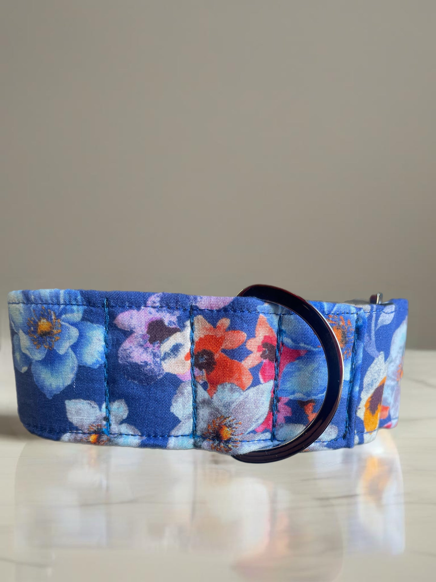 Delicate blue floral cotton covered greyhound Martingale collar 50mm width