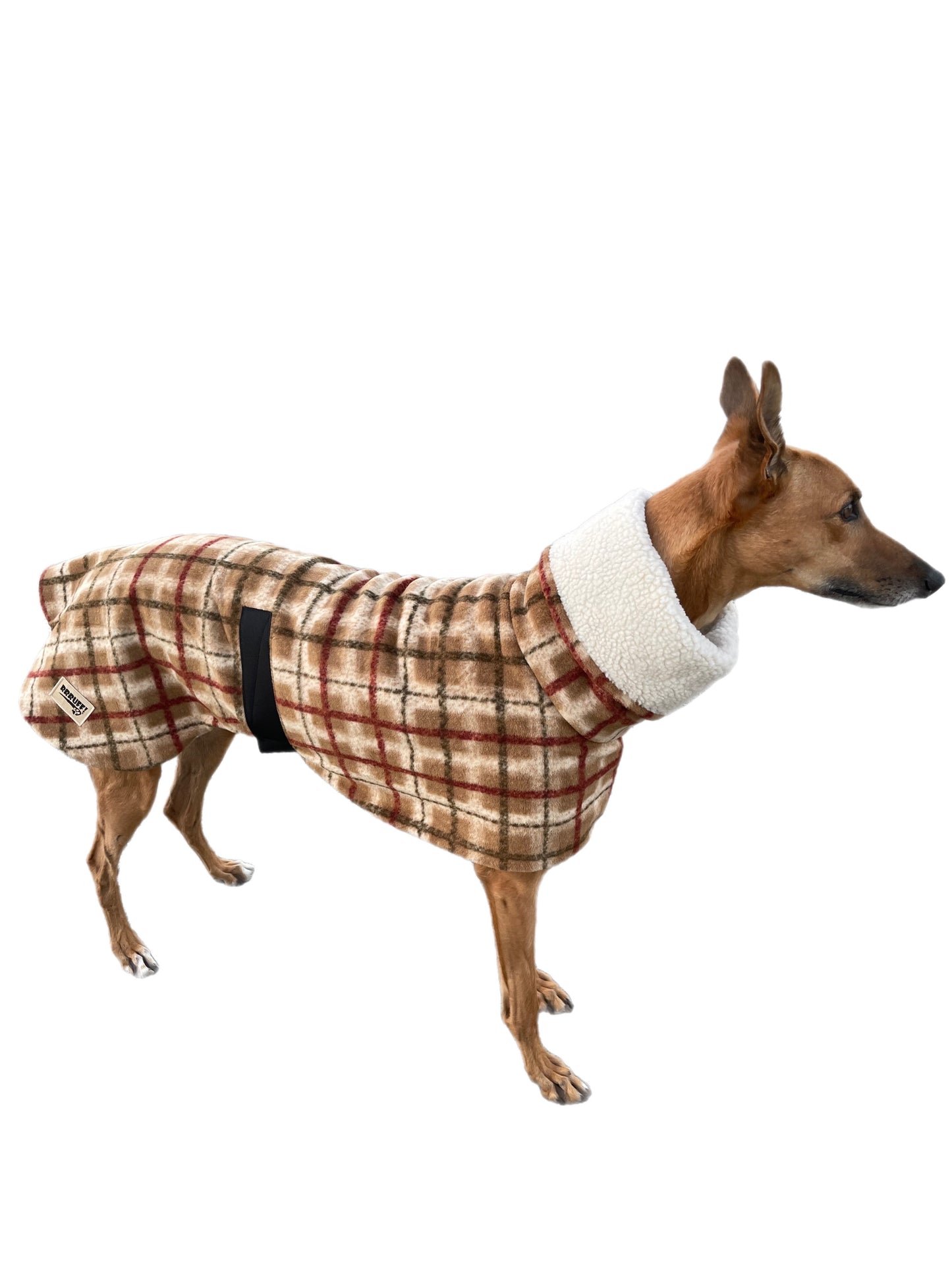 Tan Lumberjack Greyhound coat in deluxe style rug flanno check polar fleece washable extra wide neck