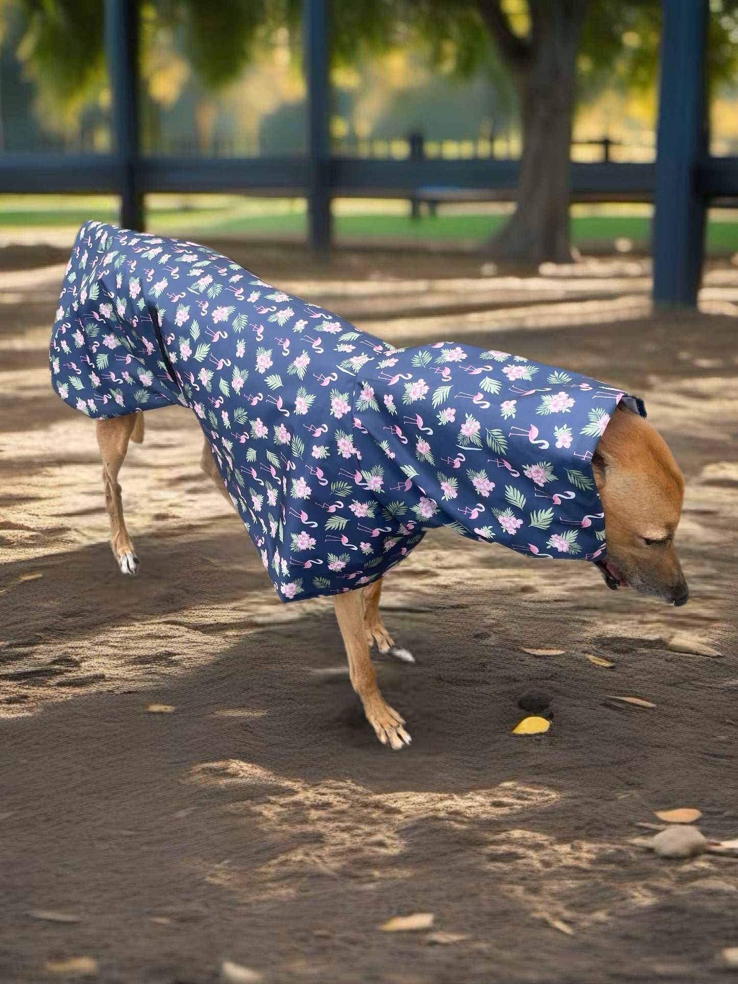 Navy base with pink flamingos Greyhound coat deluxe style, summer rainwear, washable