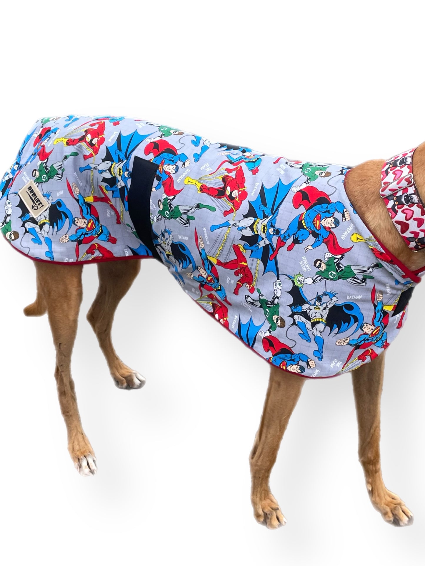 Autumn classic style Greyhound coat superheroes design in a sturdy cotton & lush fleece washable