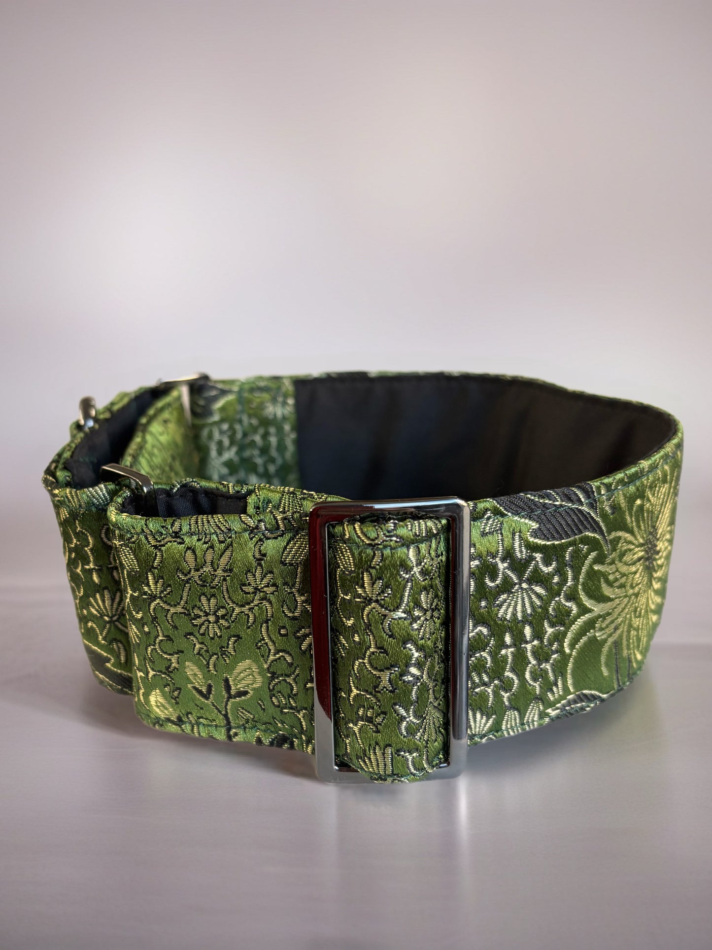 Oriental Printed Brocade in Sage Greyhound Martingale collar 50mm width soft