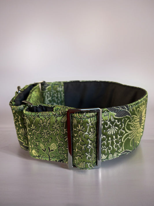 Oriental Printed Brocade in Sage Greyhound Martingale collar 50mm width soft