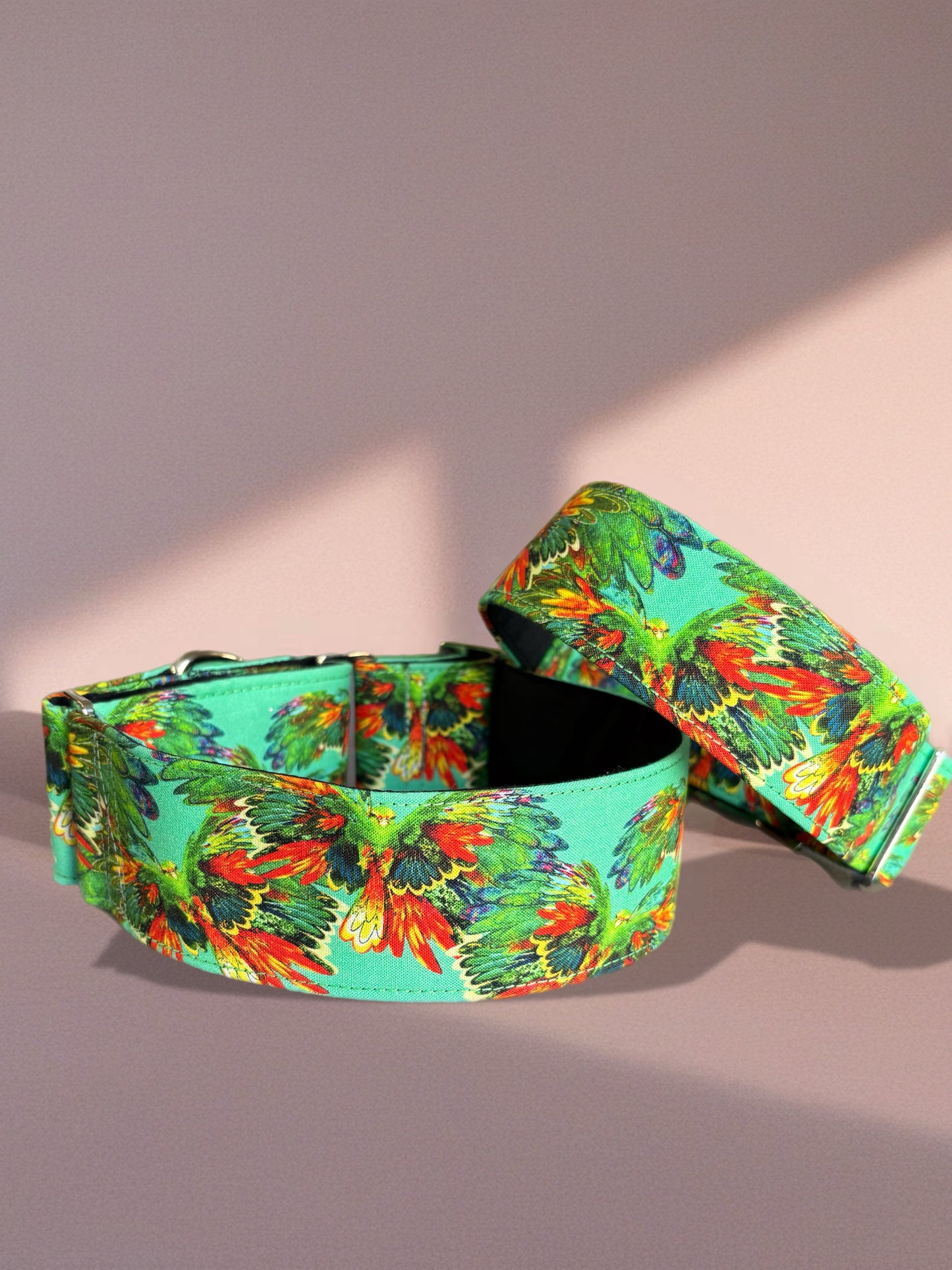 Stunning green macaw cotton covered greyhound Martingale collar 38mm or 50 mm wide super soft. Limited stock until after Christmas