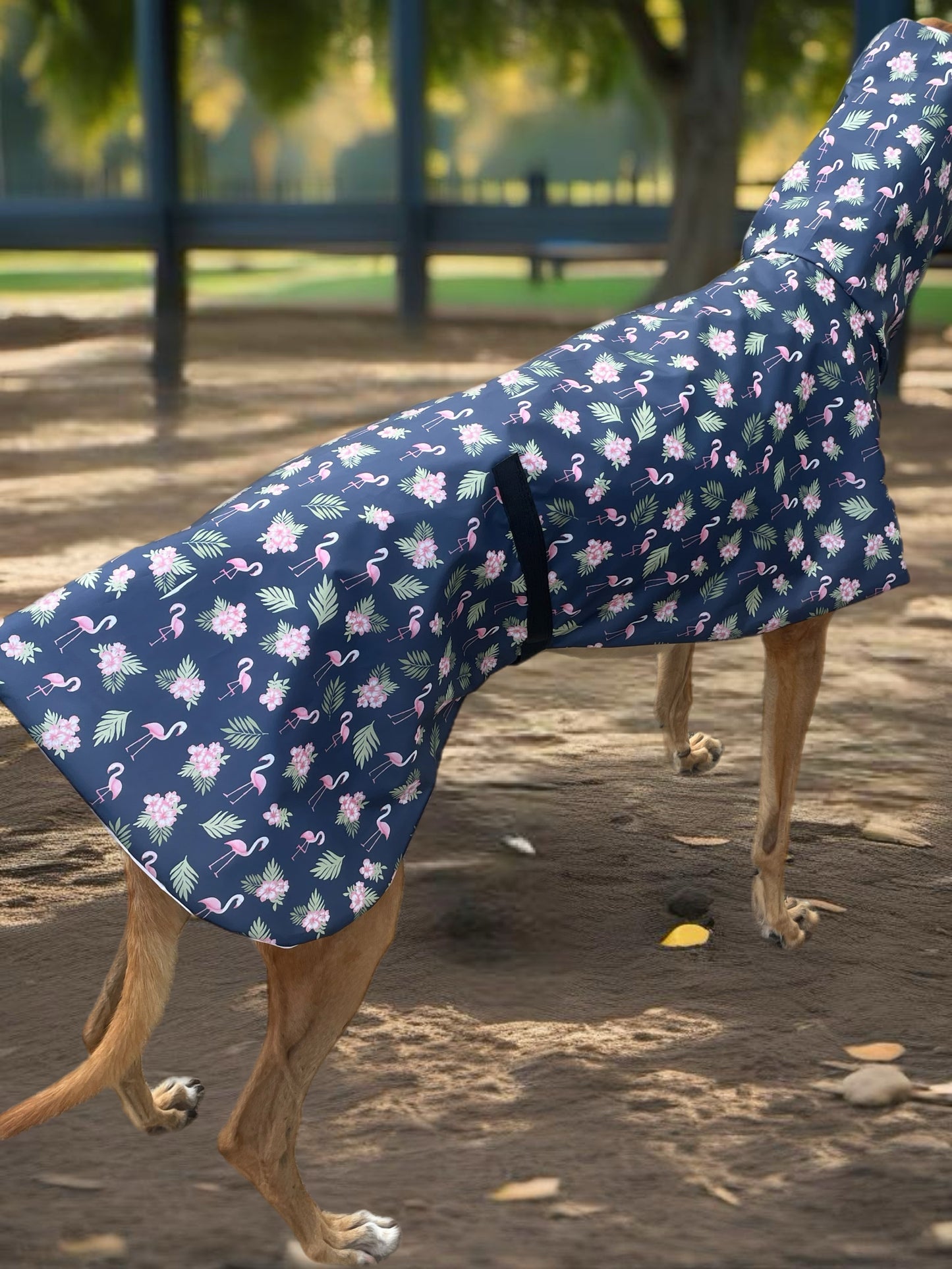 Navy base with pink flamingos Greyhound coat deluxe style, summer rainwear, washable