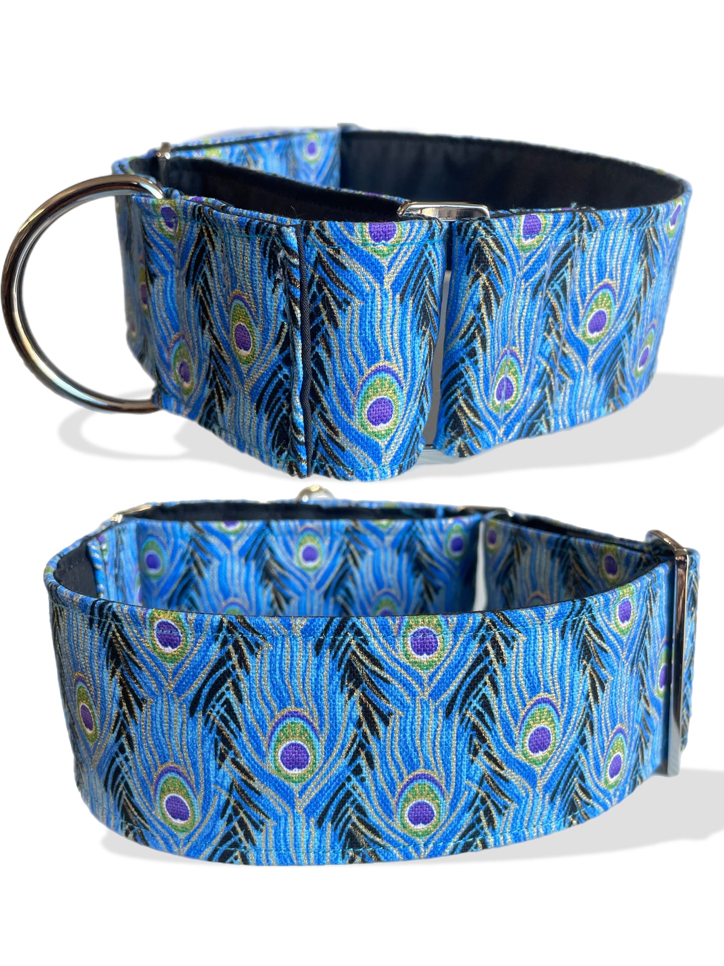 Peacock feathers featuring a shimmer thread cotton covered greyhound Martingale collar 50mm width