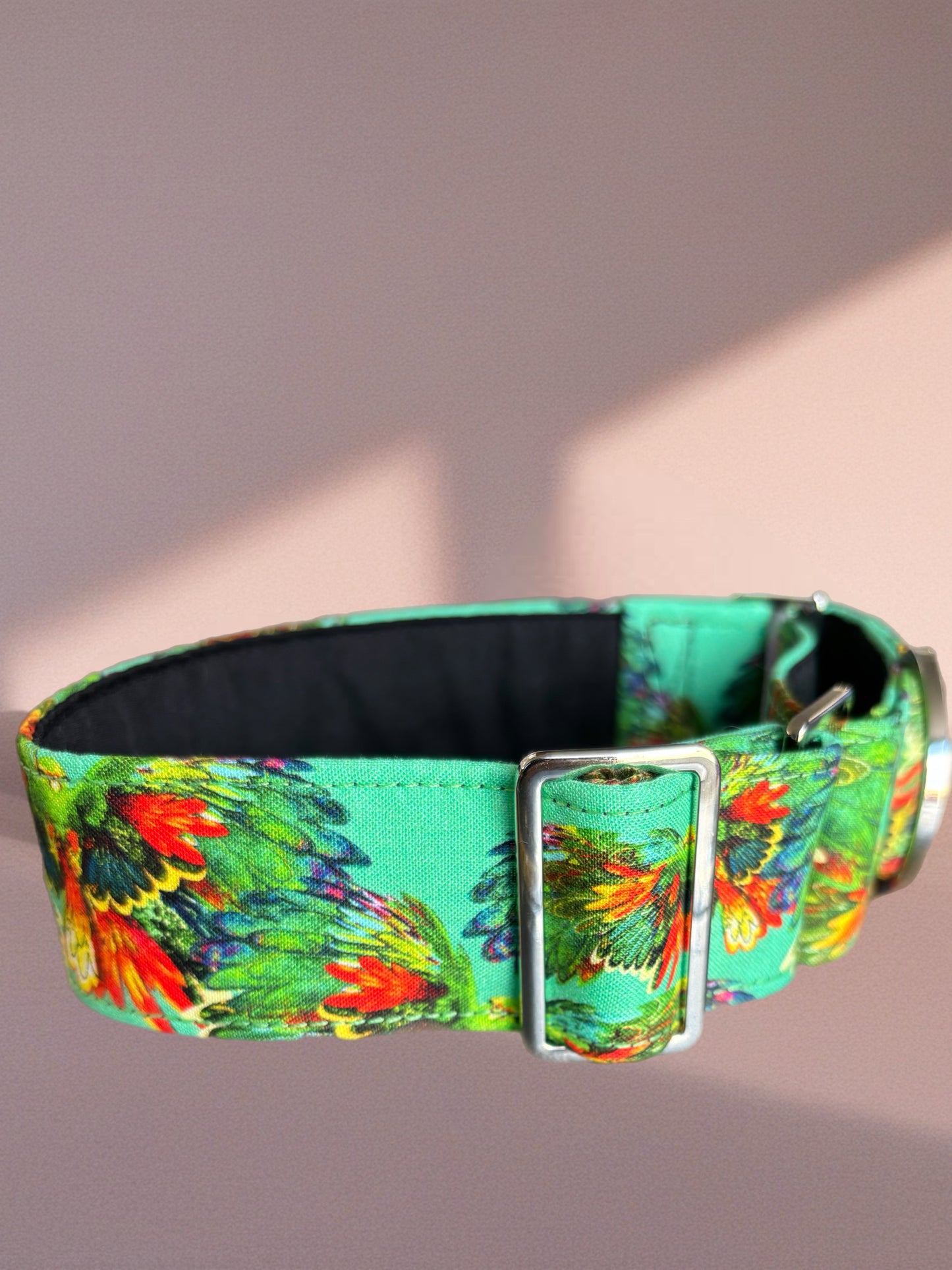 Stunning green macaw cotton covered greyhound Martingale collar 38mm or 50 mm wide super soft. Limited stock until after Christmas