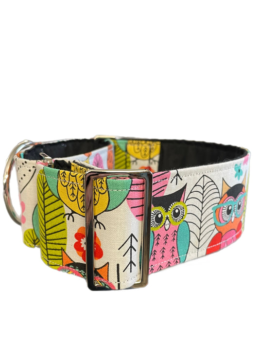 Happy Owls design greyhound Martingale collar cotton covered 50mm width