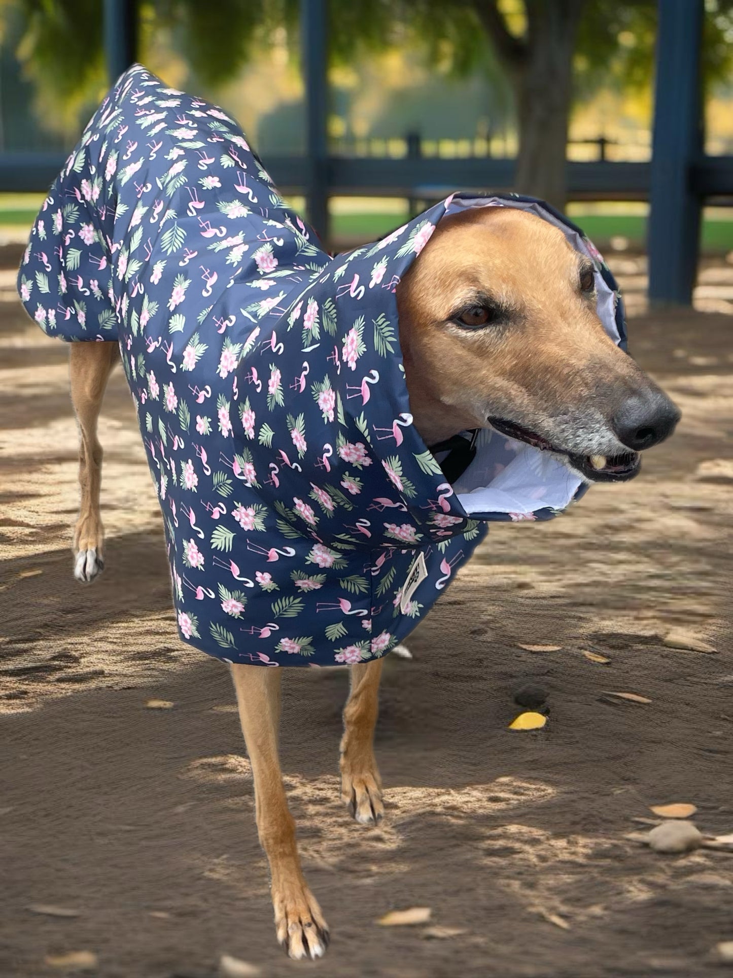 Navy base with pink flamingos Greyhound coat deluxe style, summer rainwear, washable