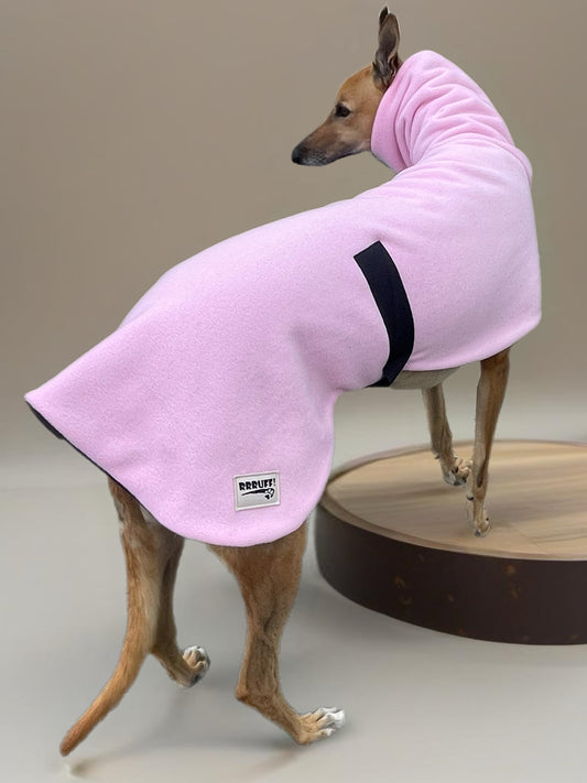 Baby pink Greyhound Deluxe Dog coat dog rug,  thick double polar fleece black washable extra wide hoodie