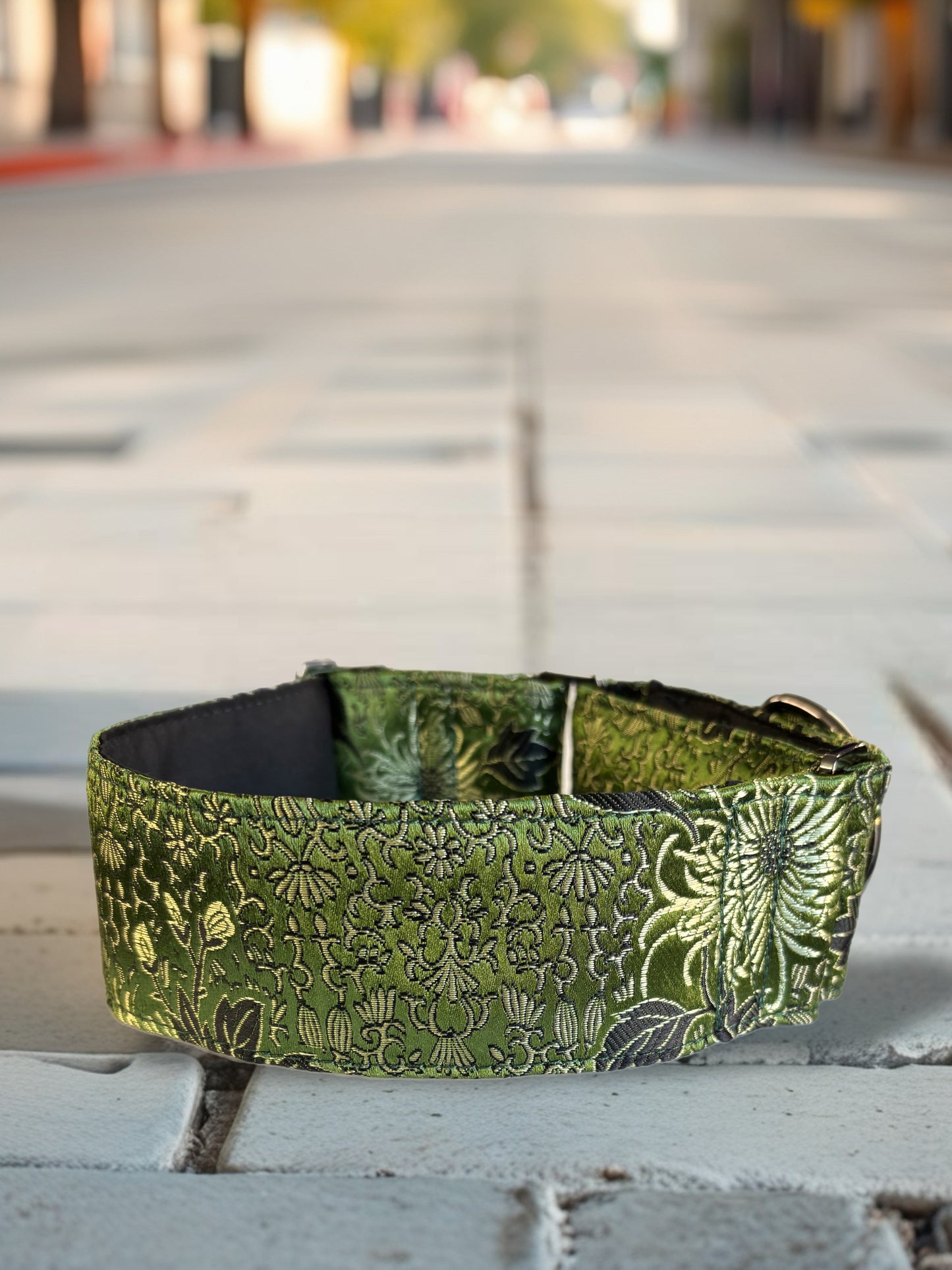 Oriental Printed Brocade in Sage Greyhound Martingale collar 50mm width soft