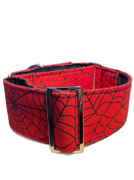 Greyhound Martingale collar in red Spiderman webs cotton wide 50cms