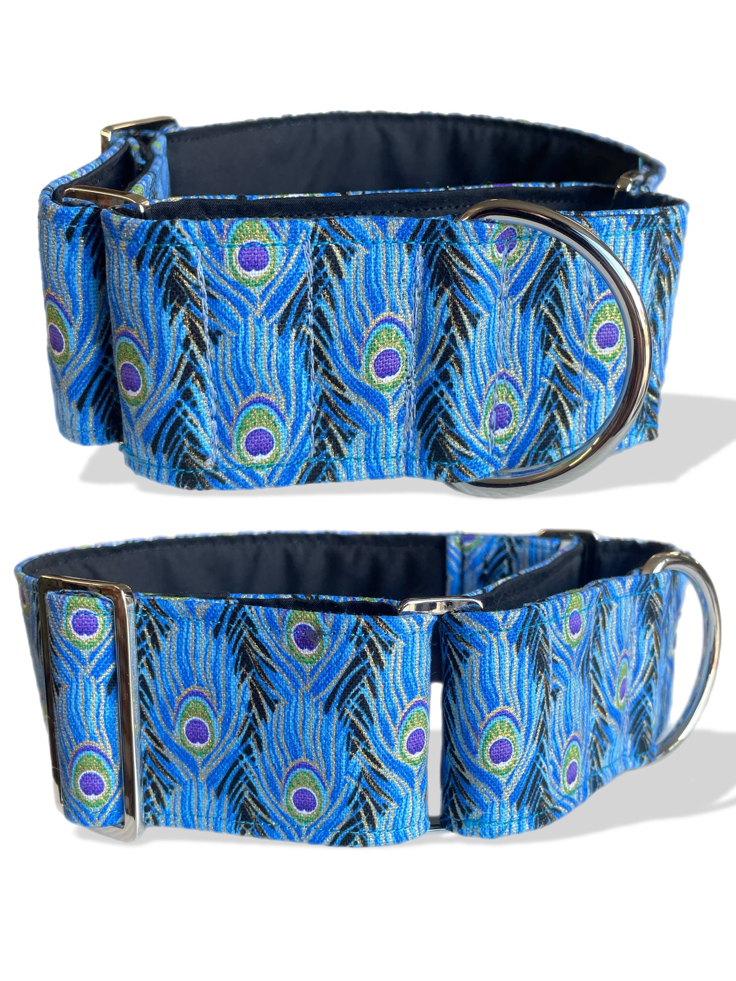 Peacock feathers featuring a shimmer thread cotton covered greyhound Martingale collar 50mm width