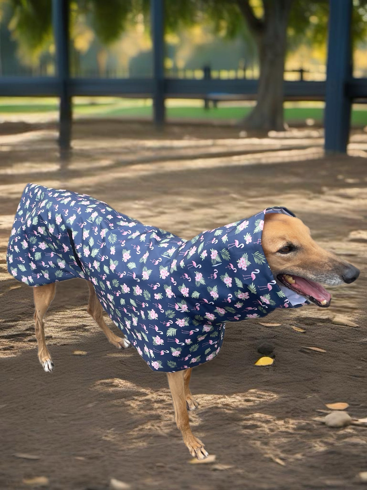 Navy base with pink flamingos Greyhound coat deluxe style, summer rainwear, washable